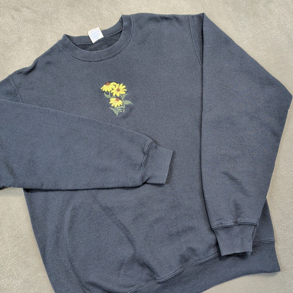 Port & Company Sunflower Embroidered Sweatshirt Womens Medium Black Fleece Crew